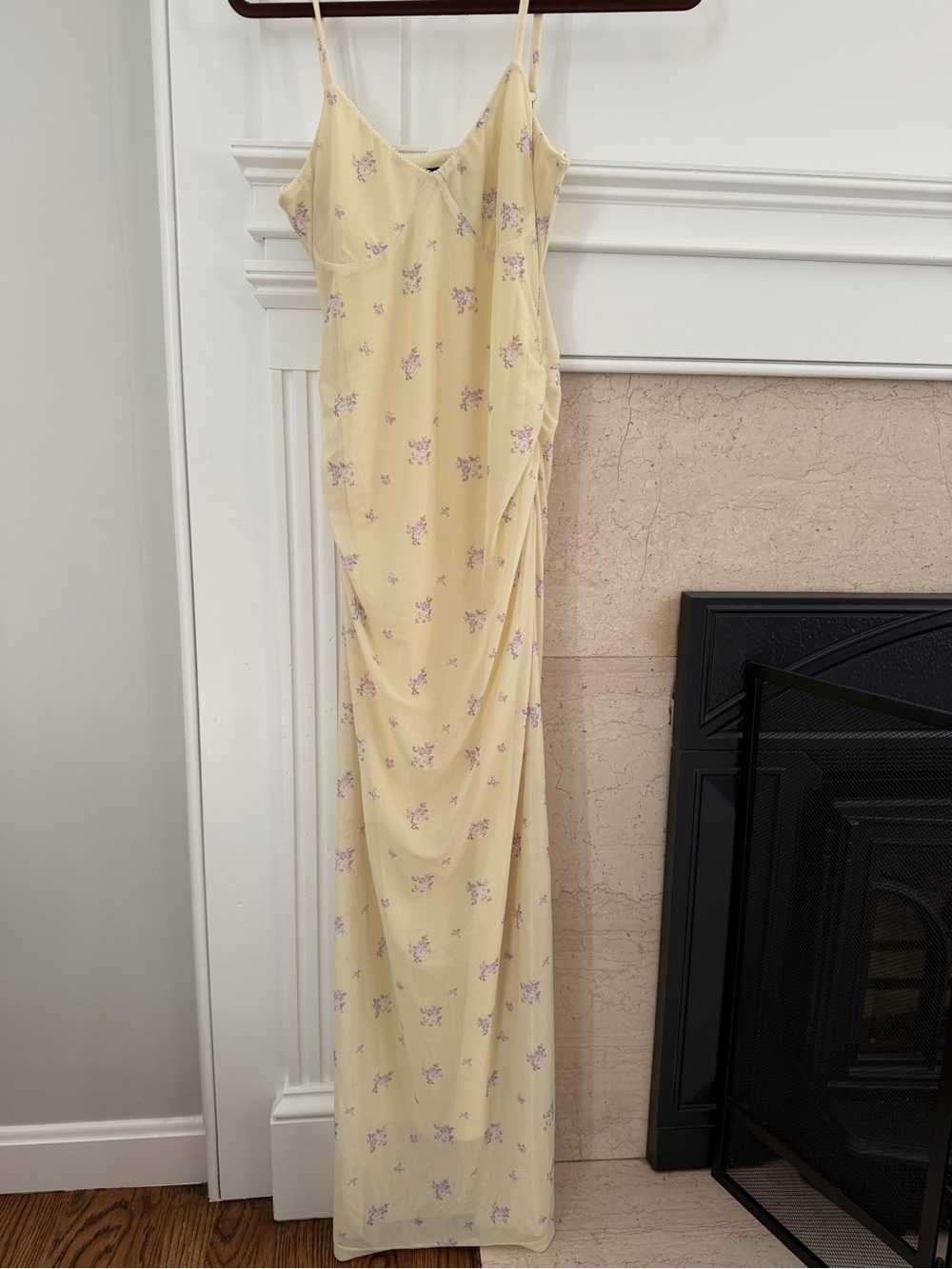 Butter Yellow Side Cinched Purple Floral Flowy Y2K 90s Summer Maxi Dress